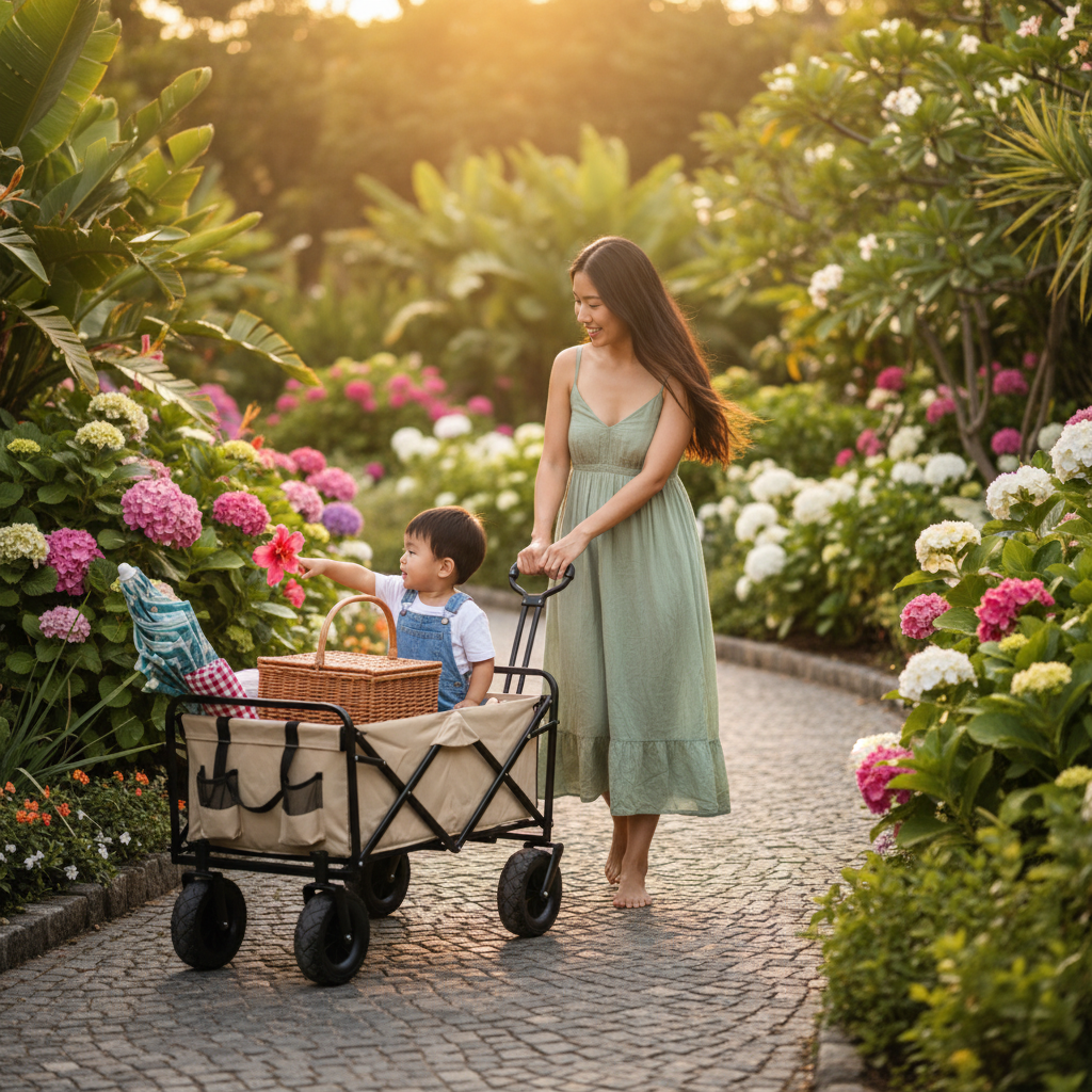 chariot de plage kaki maman promène garçon jardin botanique très heureux