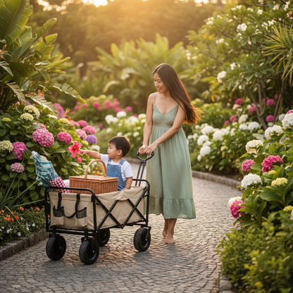 chariot de plage kaki maman promène garçon jardin botanique très heureux