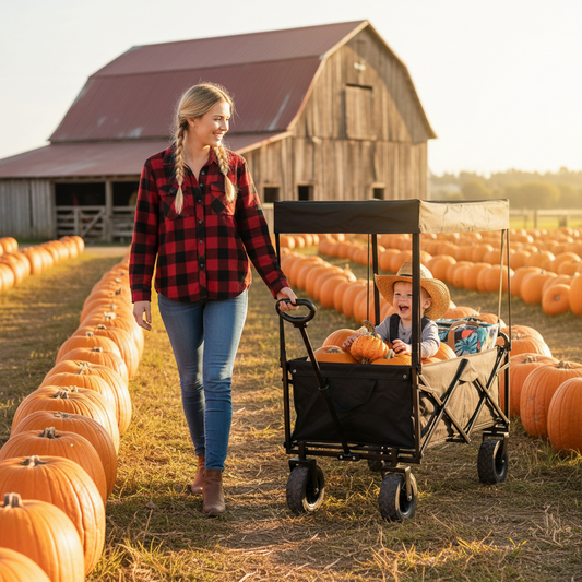 chariot de plage maman à la récolte des citrouilles avec petit cowboy