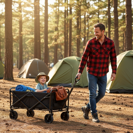 chariot de plage noir papa marche au camping pour explorer le paysage