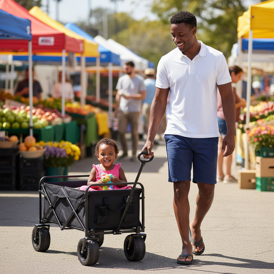 chariot de plage noir papa tire petite fille marché légumes belle journée ensoleillée