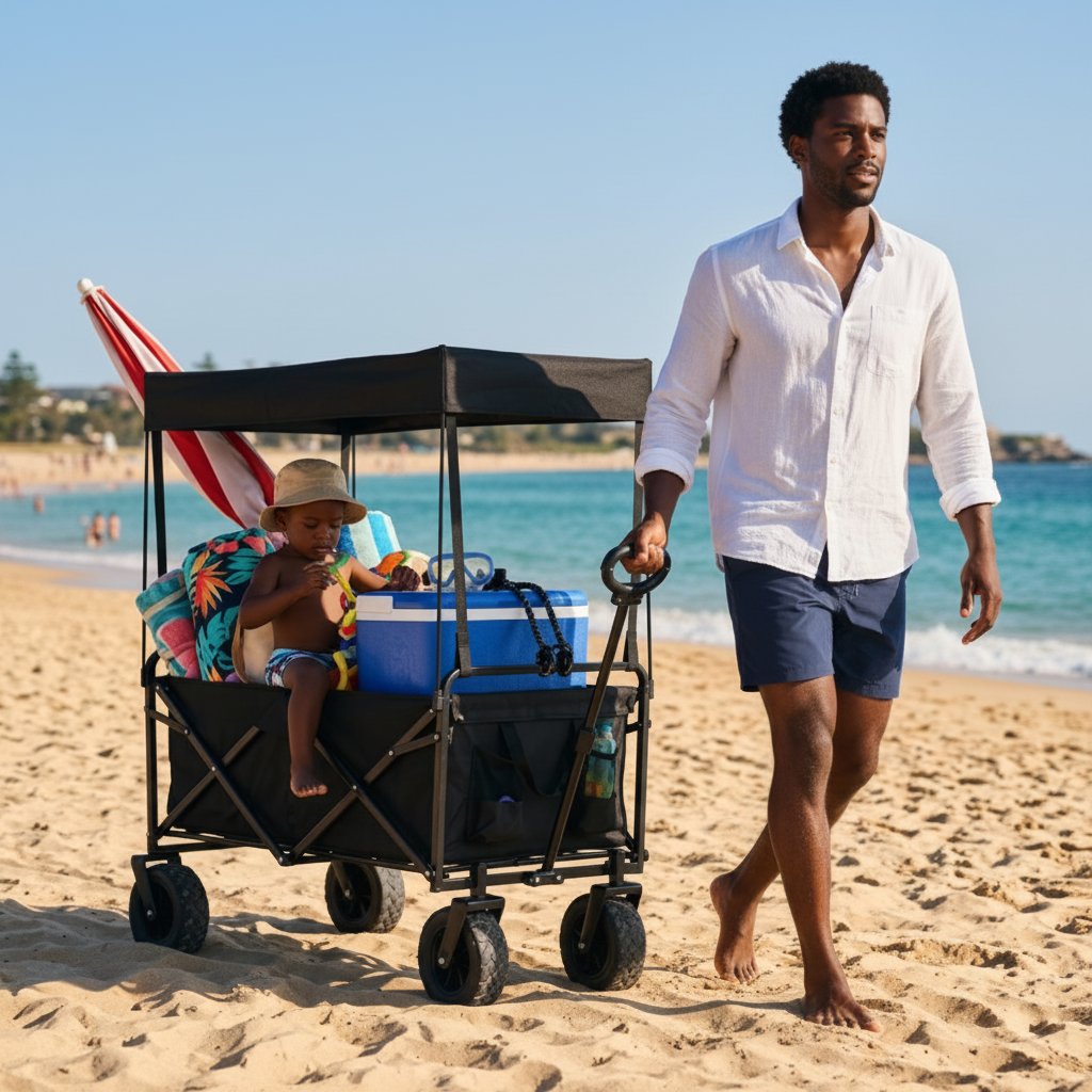 chariot de plage papa africain à la plage avec pleins d'accessoires amusant