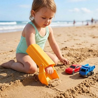 Jouet de plage fillette creuse dans le sable joue avec 2 voitures