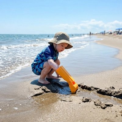 Jouet de plage garçon creuse un chemin pour amener l'eau