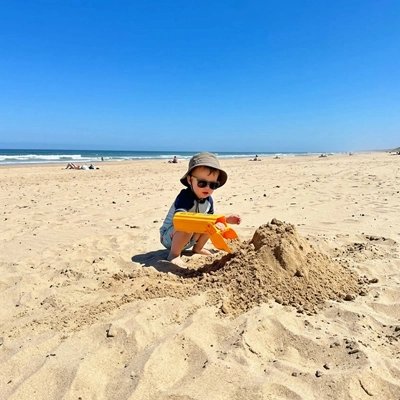 Jouet de plage garçon fait montagne de sable ciel bleu 