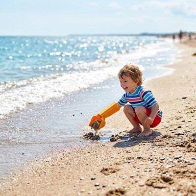 Jouet de plage garçon forme un canal d'eau et de sable