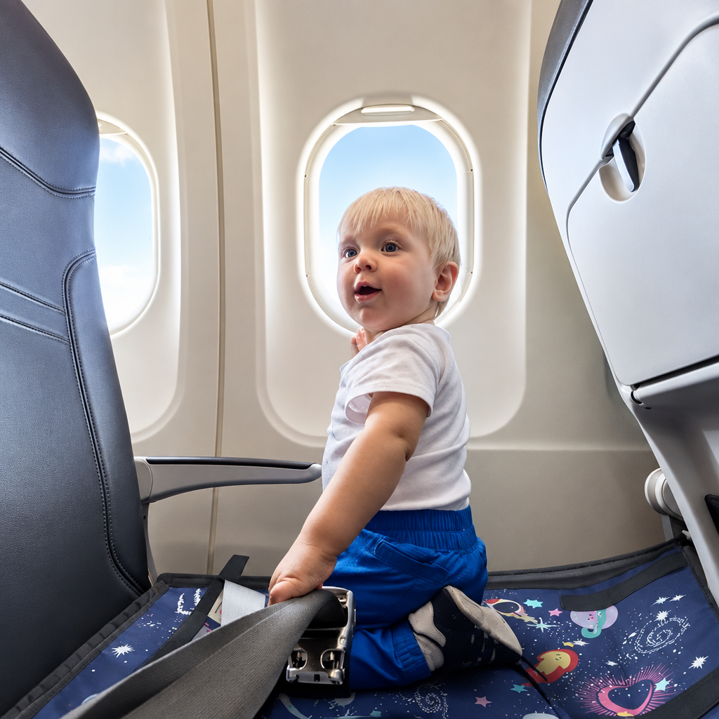 lit de voyage bébé bleu à genoux tirant ceinture devant hublot