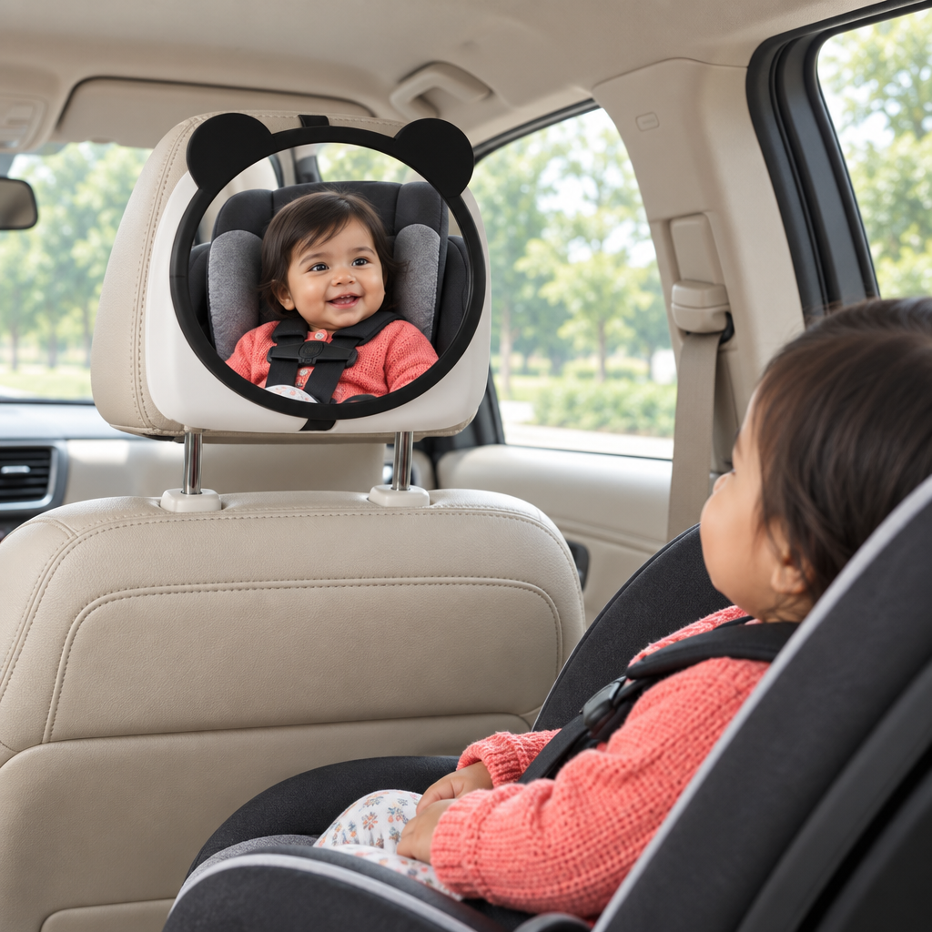 miroir voiture miroir bébé fillette cheveux long brun chandail corail se regarde