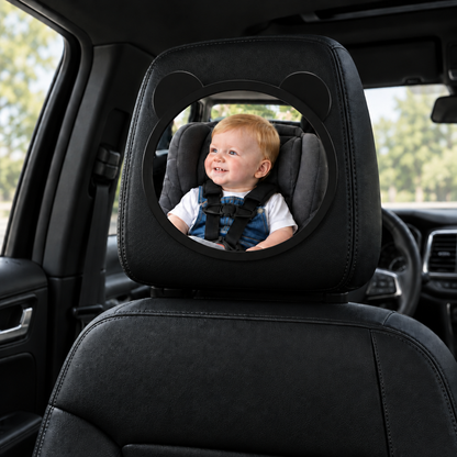miroir voiture bébé roux regarde extérieur salopette chandail blanc