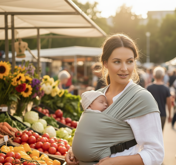 portage bebe echarpe gris pâle maman marché