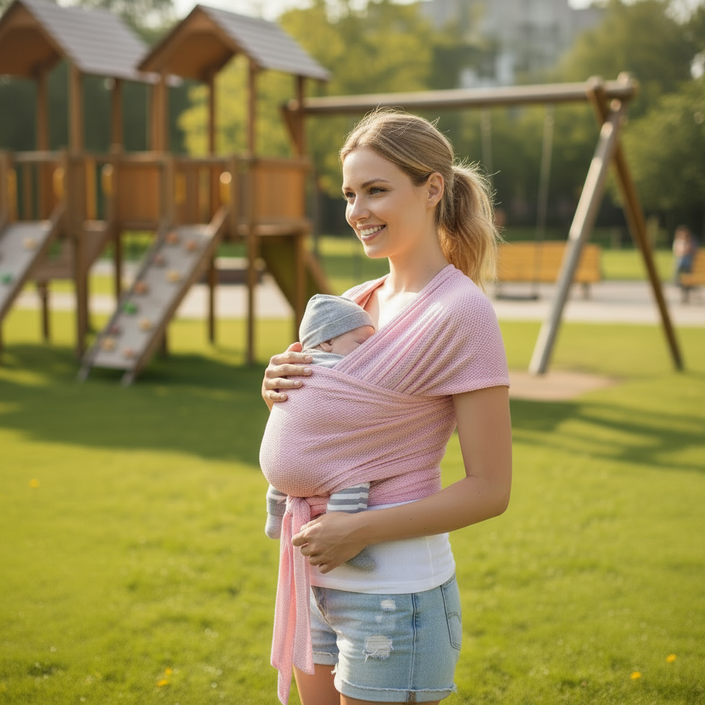 portage en écharpe rose maman parc jeux