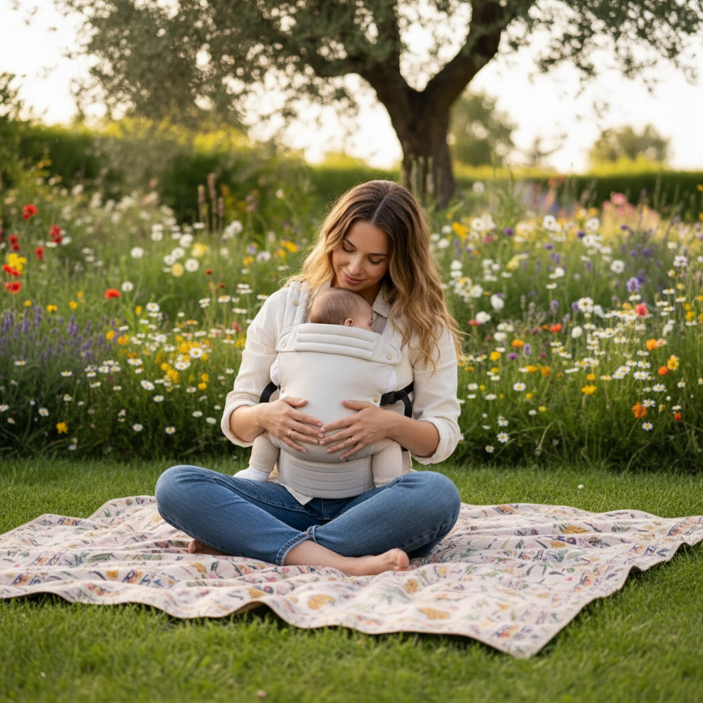 porte bebe beige maman assise couverture sol gazon entourer fleurs