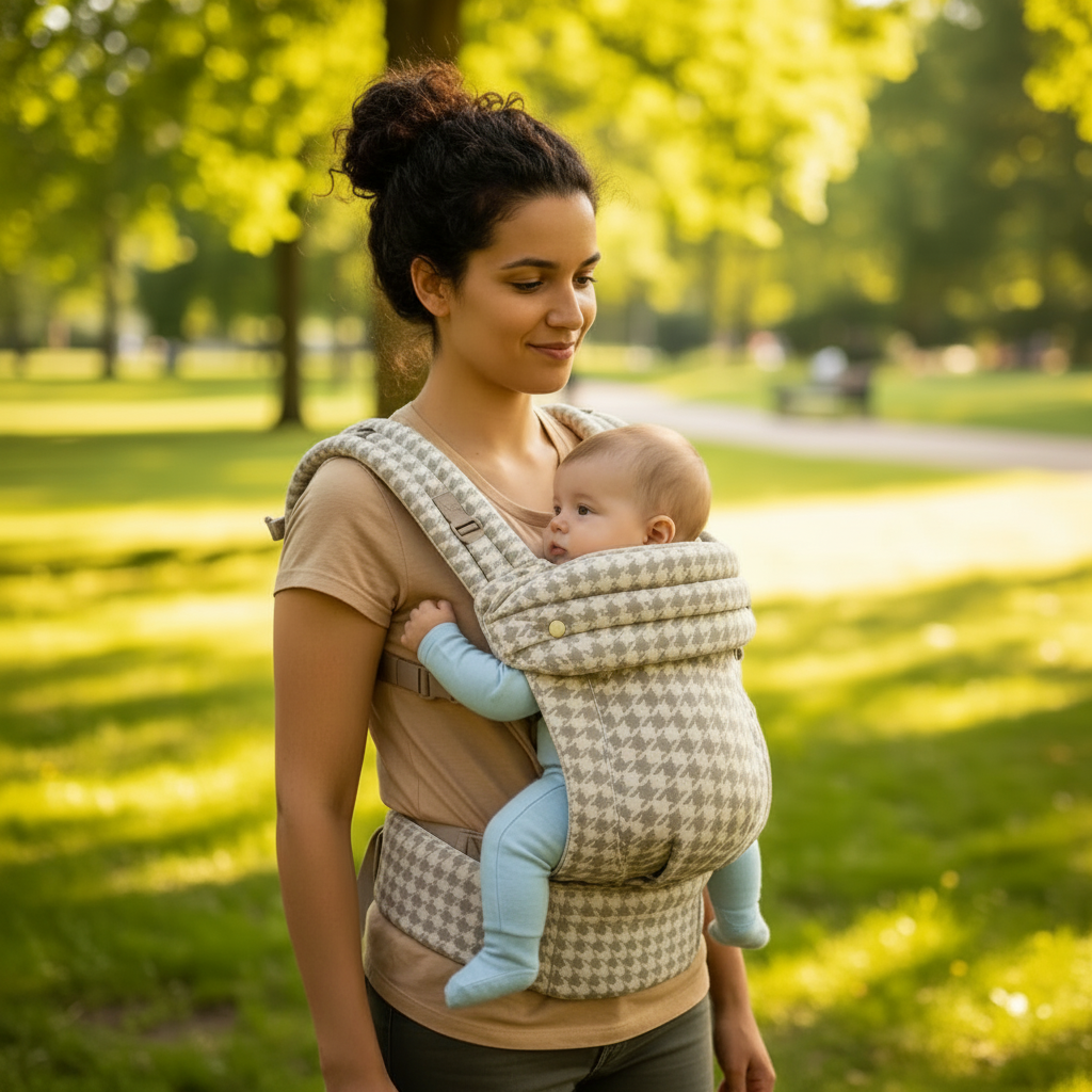 porte bébé beige maman marche sentier parc urbain bébé regarde partout