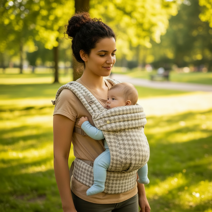 porte bébé beige maman marche sentier parc urbain bébé regarde partout