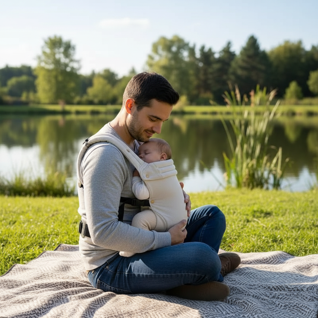 porte bebe beige papa assis couverture sol près étang prend du bon temps