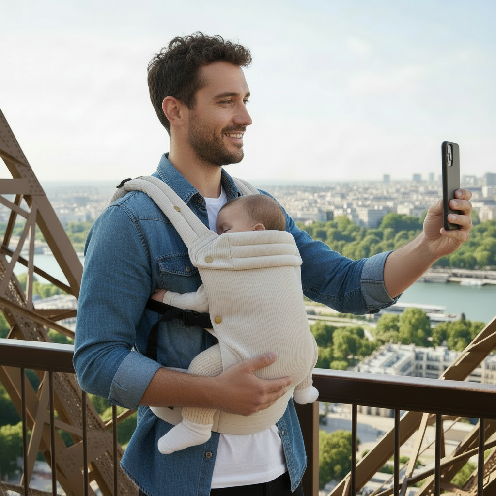 porte bebe beige papa tout en haut de la tour Eiffel prend selfie souriant