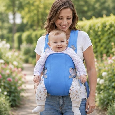 porte bébé bleu maman jardin fleurs
