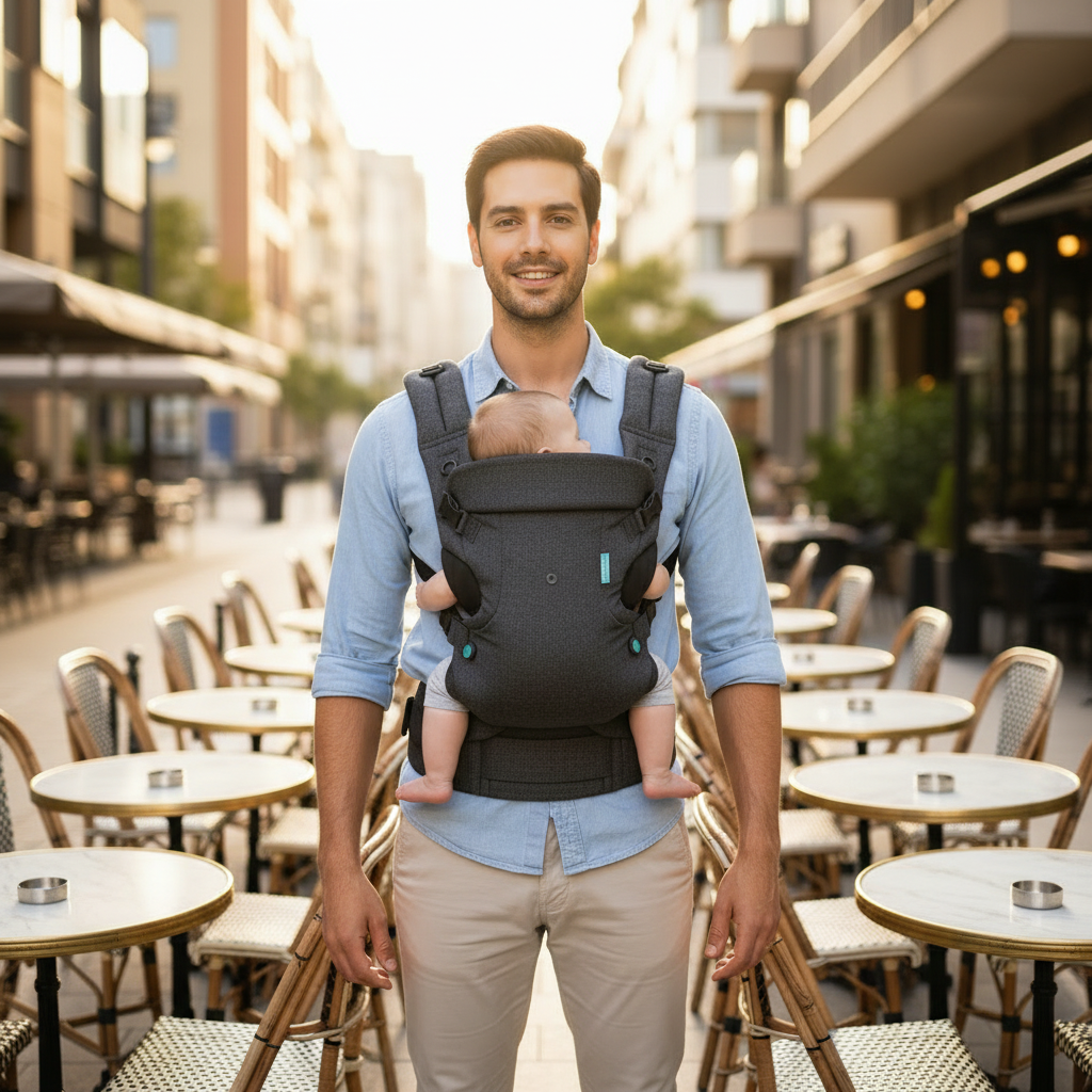 porte bebe ergonomique papa terrasse pantalon beige
