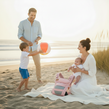 porte bebe ergonomique rose famille plage