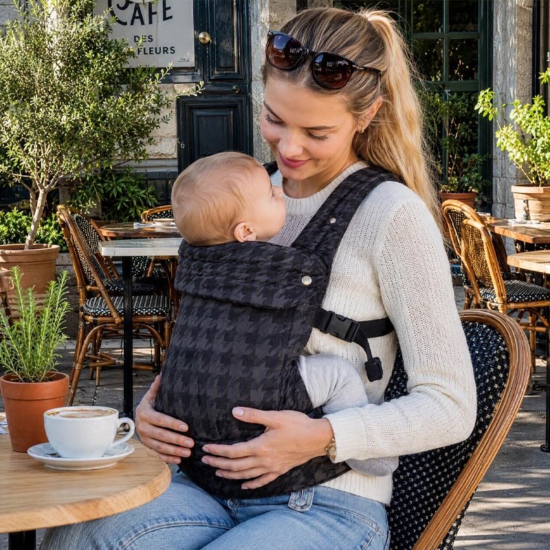 porte bébé gris maman assise café terrasse en se regardant dans les yeux