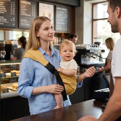 Porte bébé jaune maman café