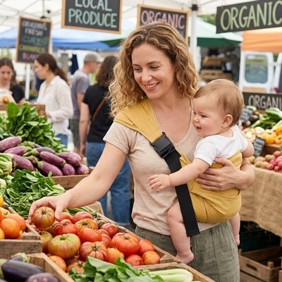 Porte bébé jaune maman marché