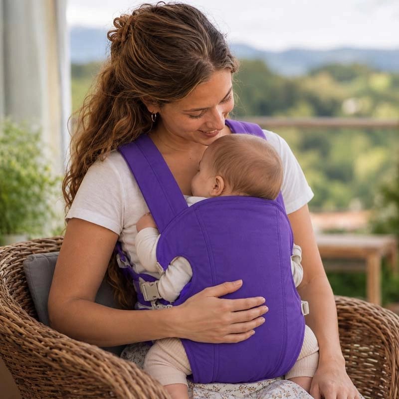 porte bébé maman mauve assise chaise rotin caresse son dos