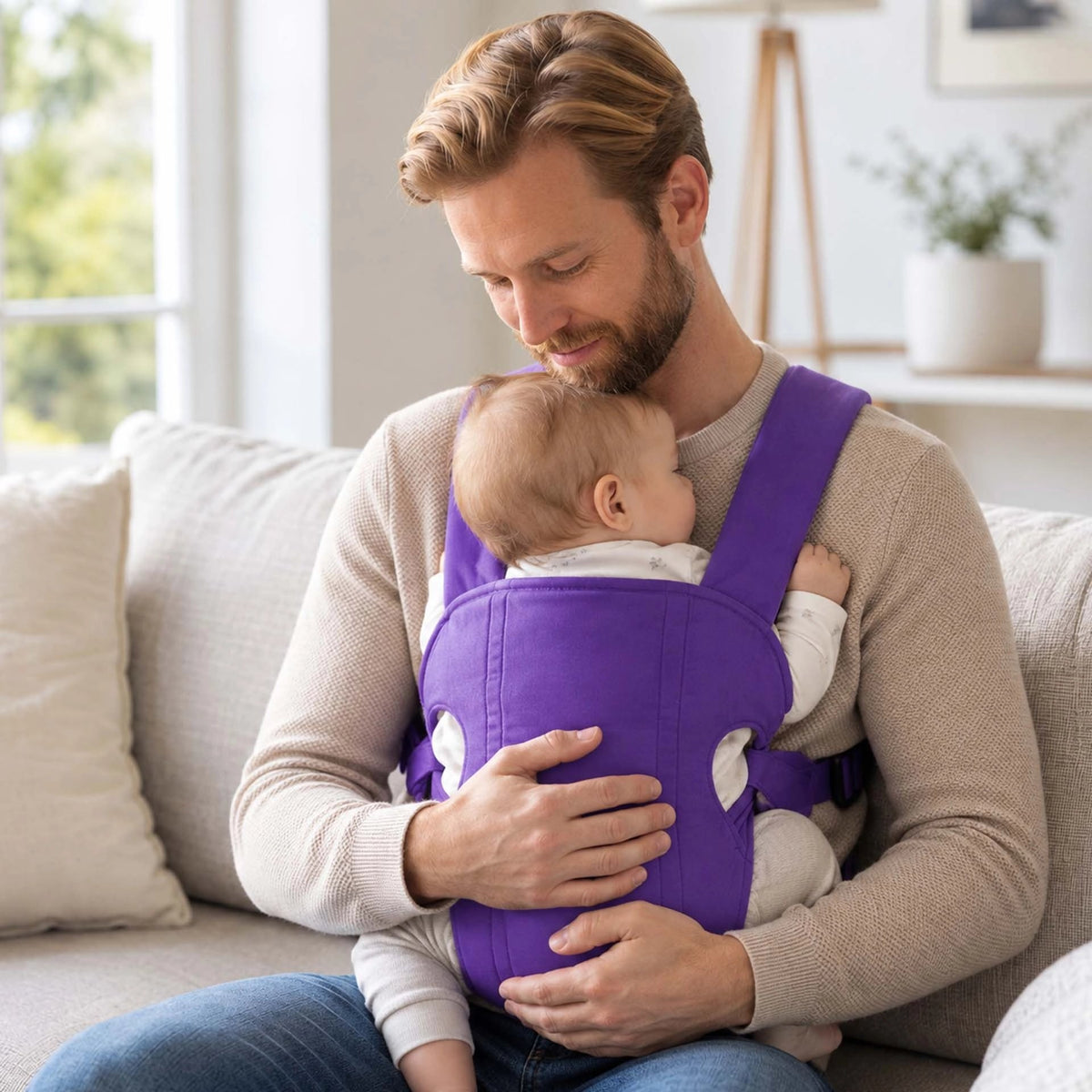 porte bébé mauve papa regarde passion sur divan gris