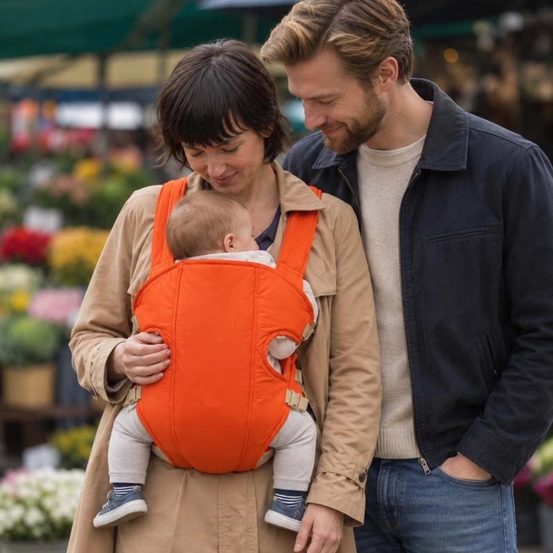 porte bébé orange papa maman observe bébé marché de fleurs
