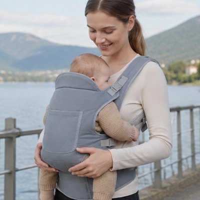 porte bébé physiologique gris maman bord rivière