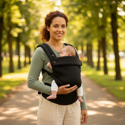 porte bébé physiologique noir extérieur balade devant
