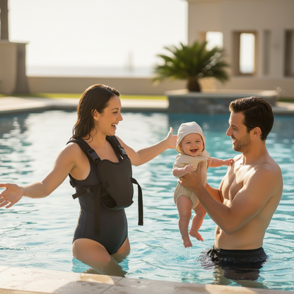 porte-bébé physiologique noir piscine famille