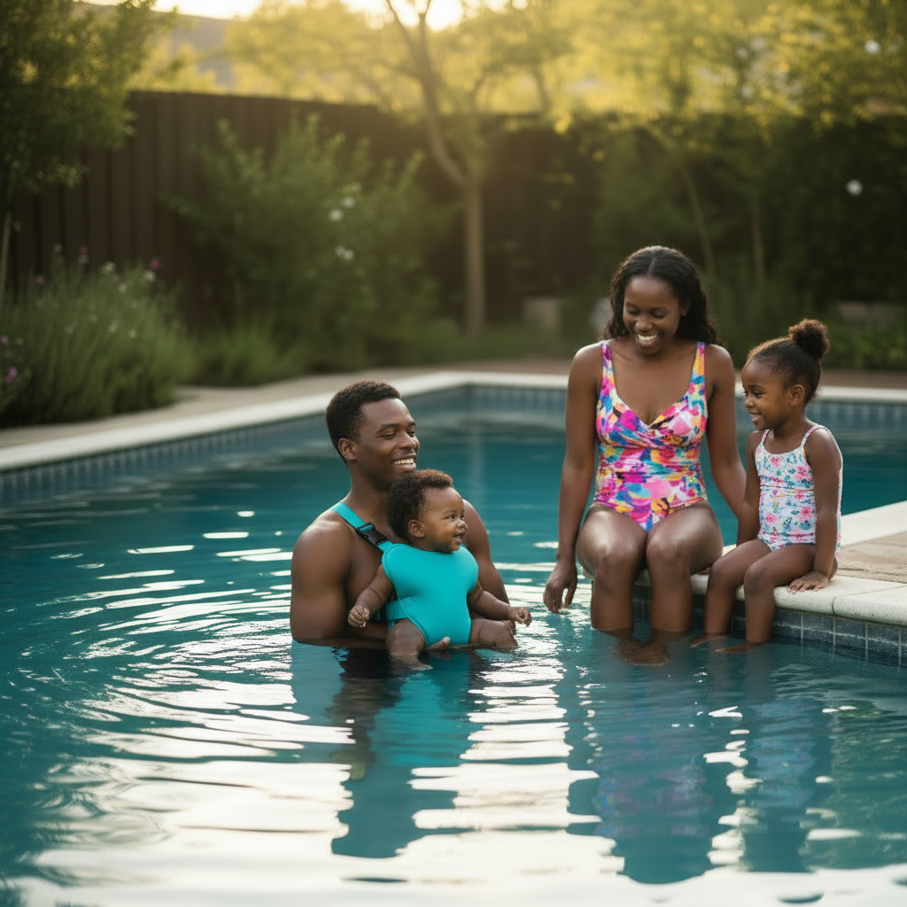porte-bébé physiologique turquoise piscine famille