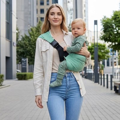 Porte bébé vert maman balade ville