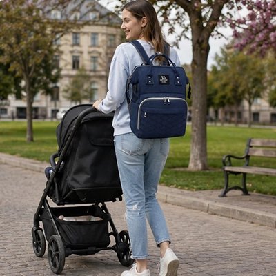 sac à dos à langer bleu maman poussette