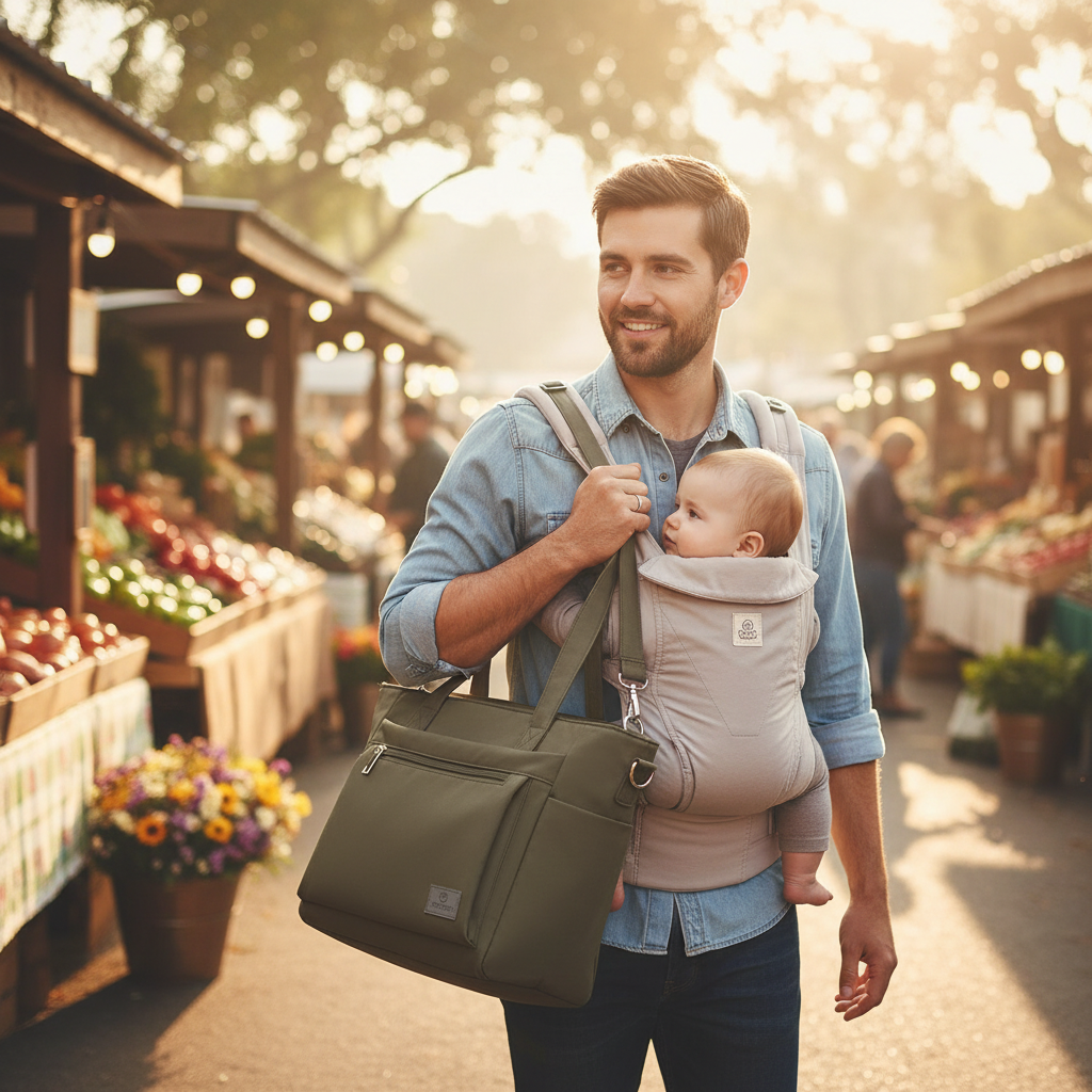sac à langer bebe brun papa marché légumes