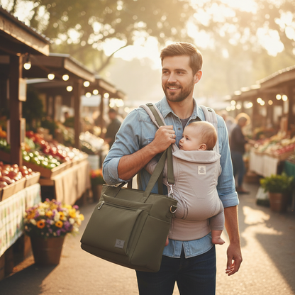 sac à langer bebe brun papa marché légumes