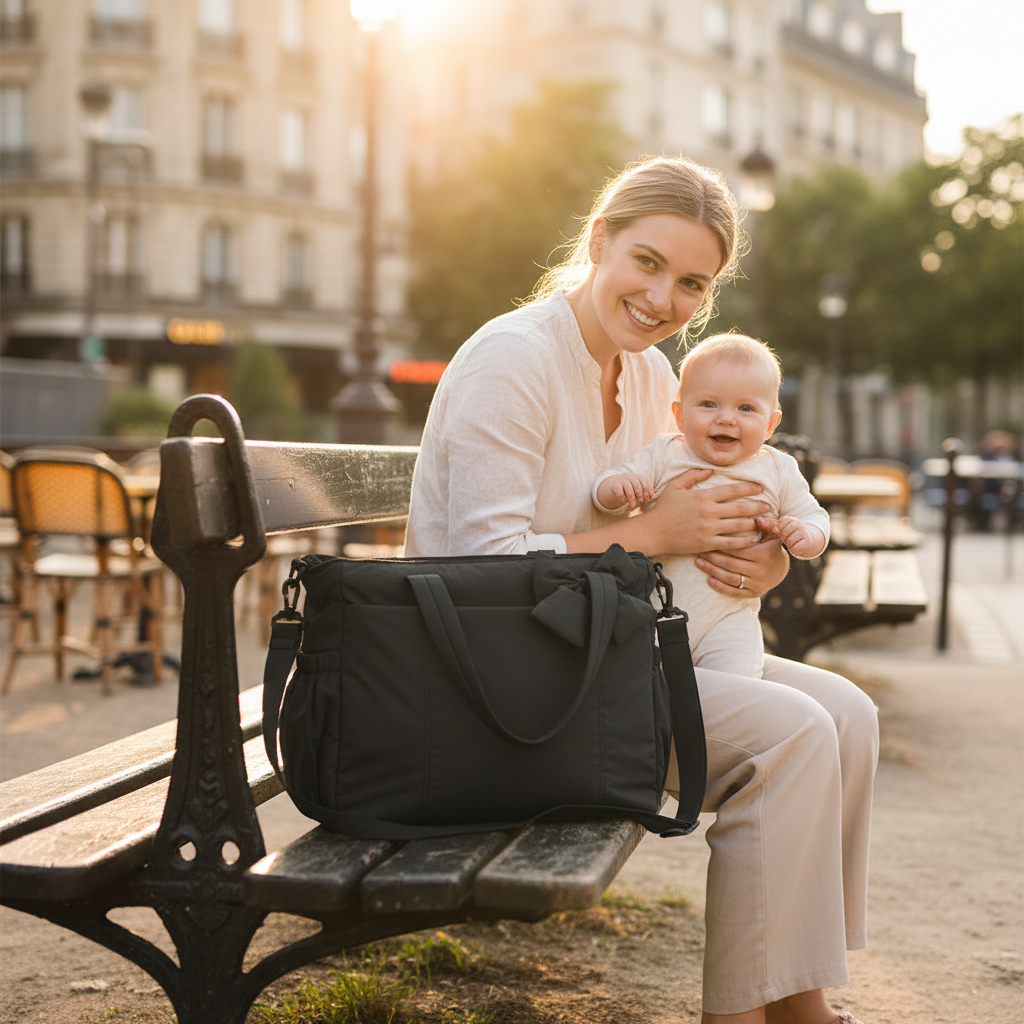 sac à langer bebe noir maman banc ville