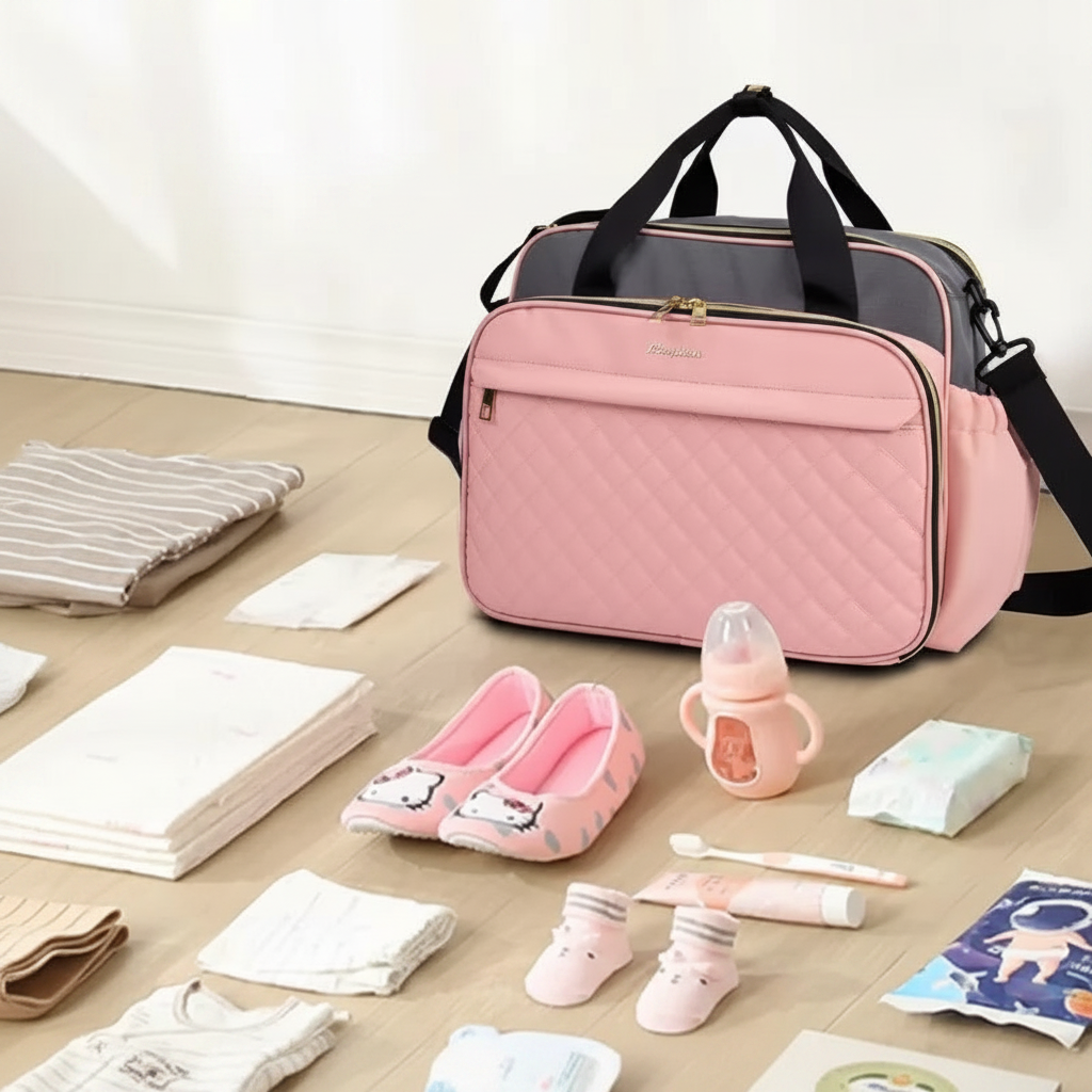 sac à langer bébé rose et gris