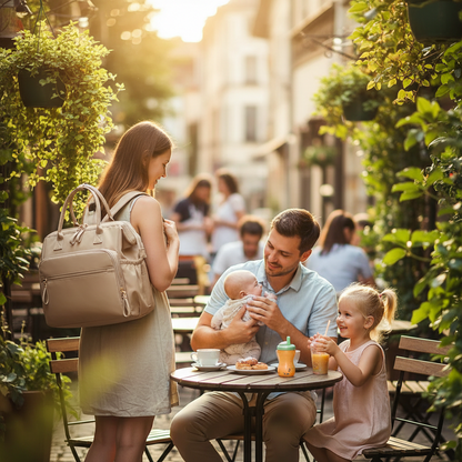 sac a langer sac a dos beige famille table restaurant