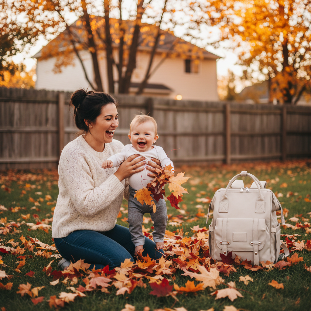 sac à langer sac à dos maman feuilles automne