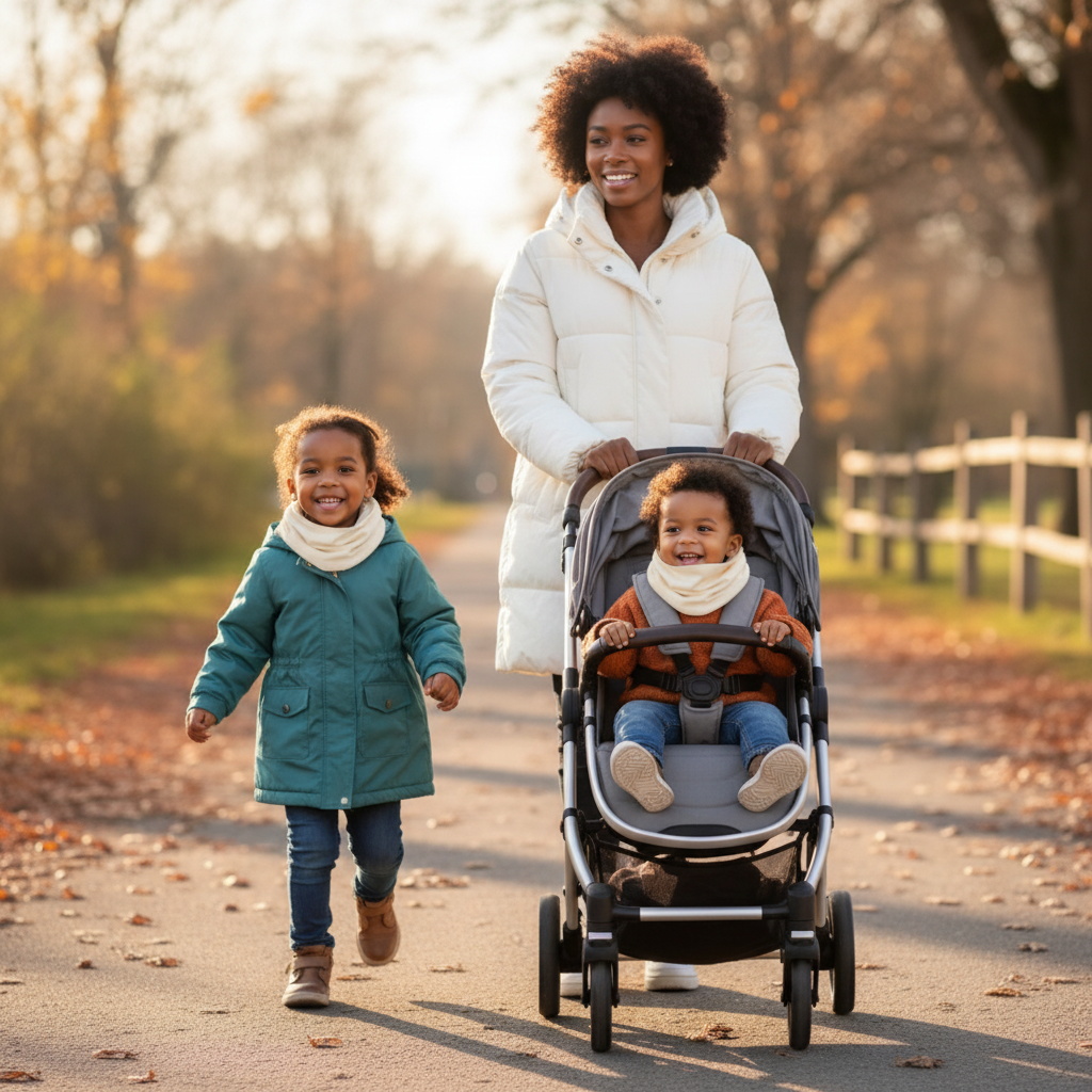 tour de cou bebe beige poussette maman sentier
