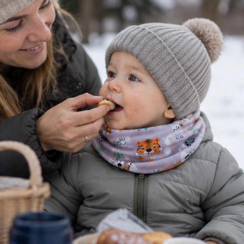 Tour de cou bebe gris mange repas extérieur