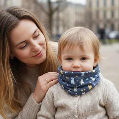 tour de cou bebe ours bleu a la ville maman