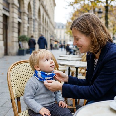 Tour de cou enfant bleu assis chaise maman