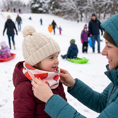 Tour de cou pour bebe maman aux glissades sur neige